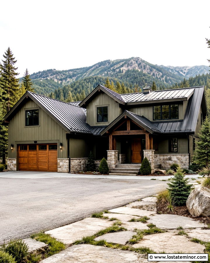 Olive Green House With Metal Roof And Wood Garage - 30 Olive Green House Design With Garage Door Ideas