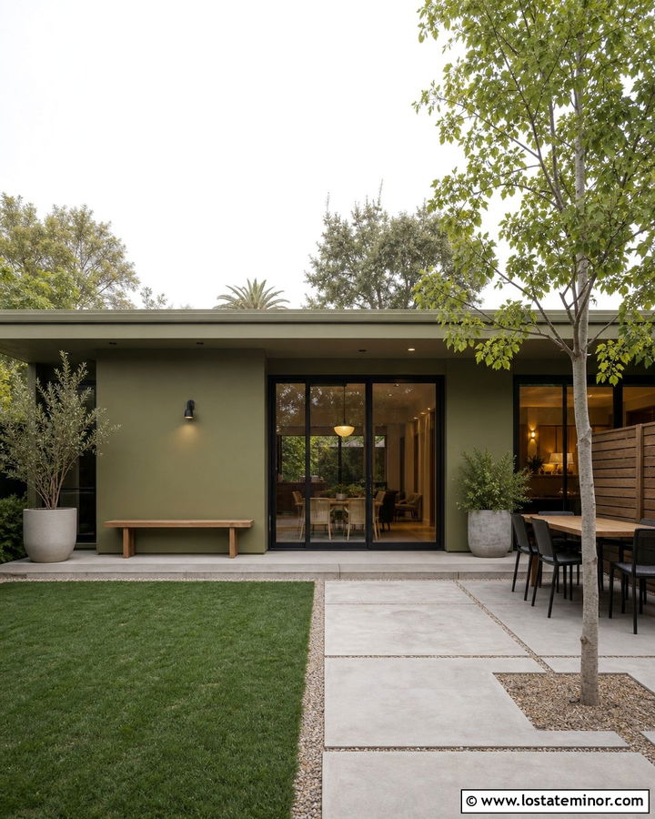 Olive Green House With Minimalist Backyard - 30 Olive Green House Design With Backyard Ideas
