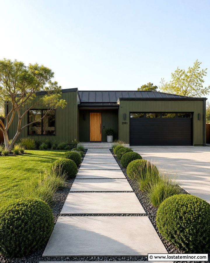 Olive Green House With Minimalist Walkway - 30 Olive Green House Design With Walkway Ideas