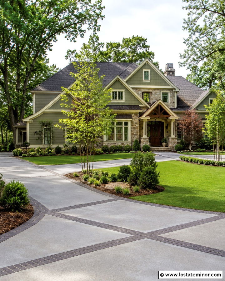 Olive Green House With Mixed Material Driveway - 30 Olive Green House Design With Driveway Ideas