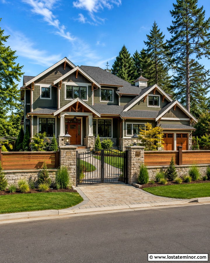 Olive Green House With Mixed Material Fence - 30 Olive Green House Design With Fence Ideas