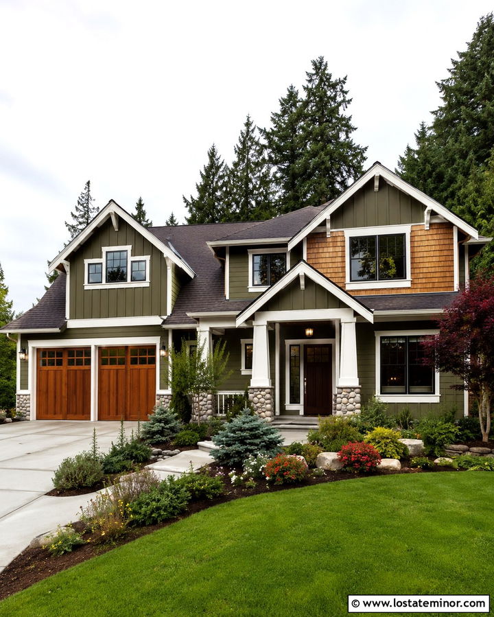 Olive Green House With Mixed Shingle Siding - 30 Olive Green House Design With Shingles Ideas
