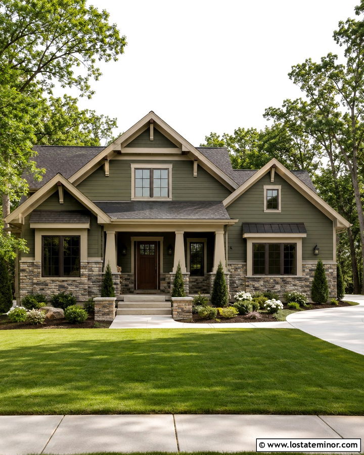 Olive Green House With Mixed Stone Wainscoting - 30 Olive Green House Design With Wainscoting Ideas