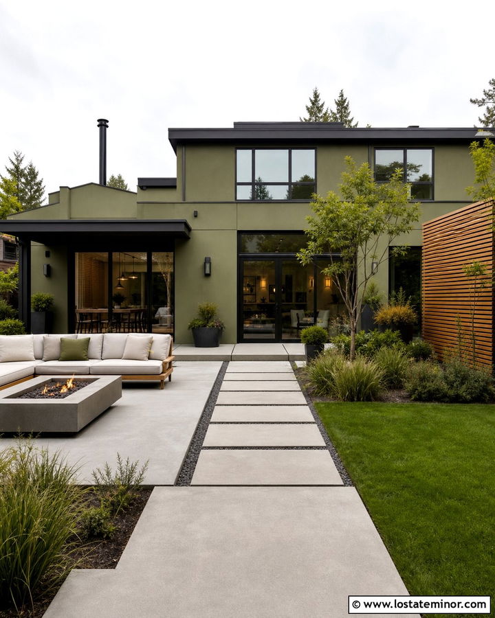 Olive Green House With Modern Concrete Patio - 30 Olive Green House Design With Backyard Ideas