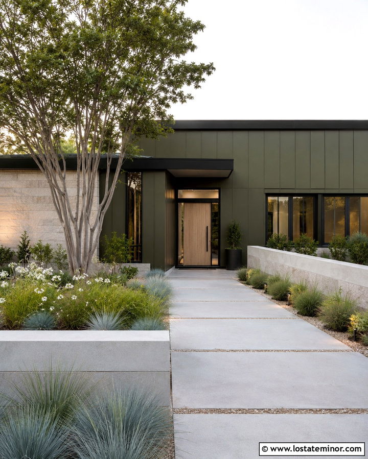 Olive Green House With Modern Courtyard Landscaping - 30 Olive Green House Design With Landscaping Ideas