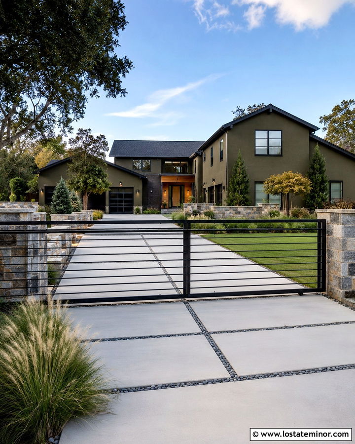 Olive Green House With Modern Driveway Gate - 30 Olive Green House Design With Driveway Ideas