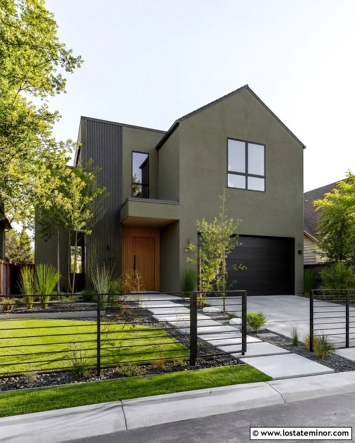 Olive Green House With Modern Metal Fence - 30 Olive Green House Design With Fence Ideas