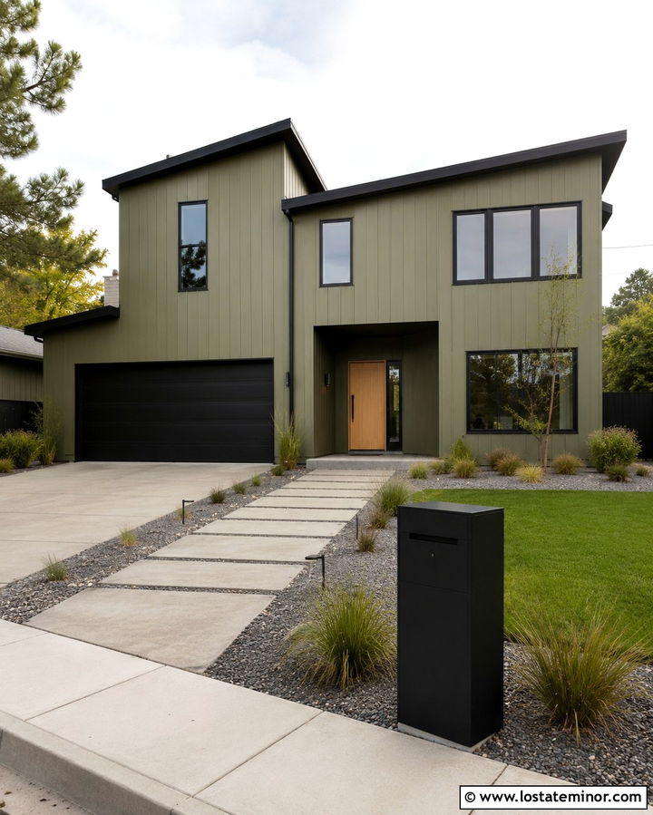 Olive Green House With Modern Parcel Mailbox - 30 Olive Green House Design With Mailbox Ideas