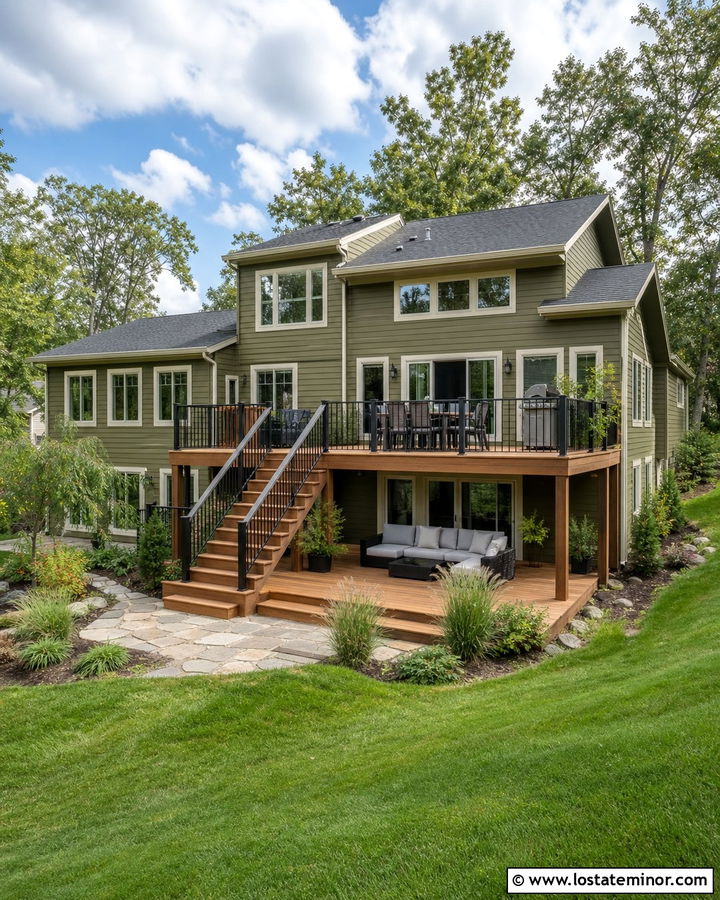 Olive Green House With Multi Level Deck - 30 Olive Green House Design With Backyard Ideas