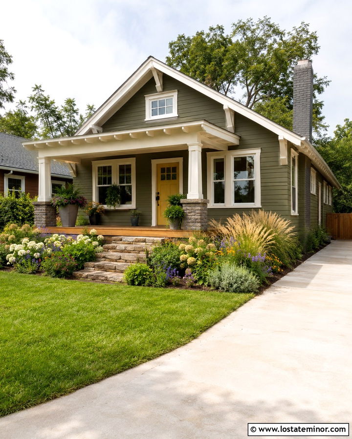 Olive Green House With Mustard Yellow Entry Door - 30 Olive Green House Design With Entry Door Ideas