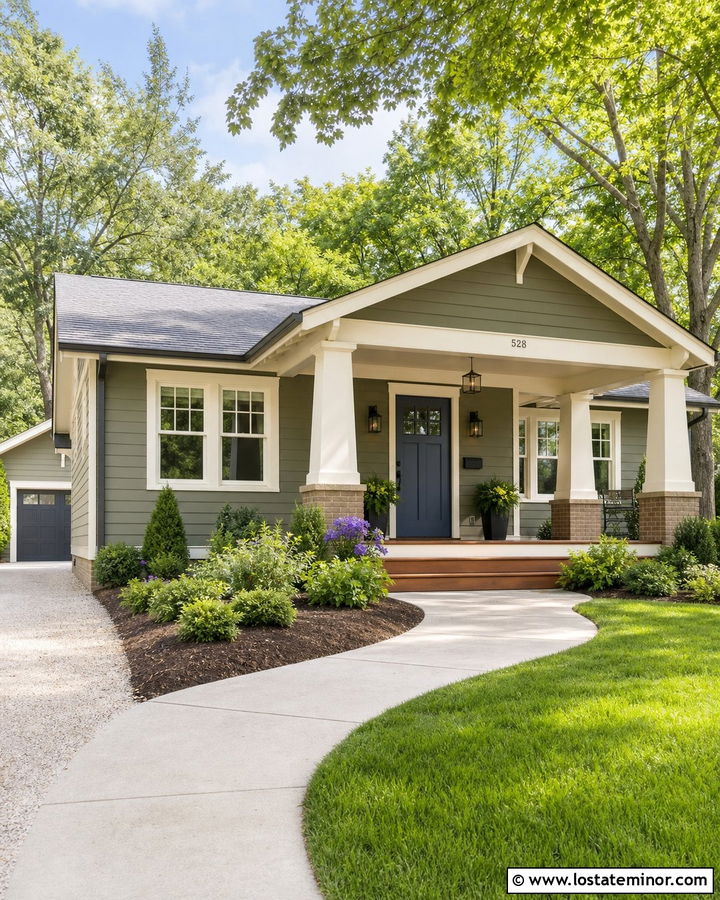 Olive Green House With Muted Blue Door - 30 Olive Green House Design With Accents Ideas