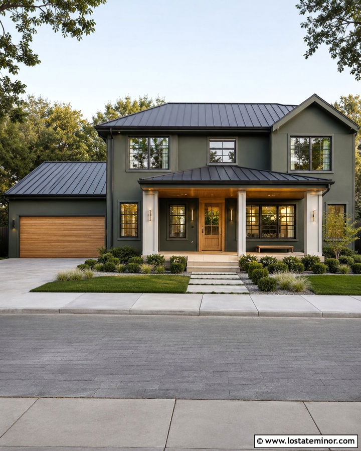 Olive Green House With Natural Oak Porch Ceiling - 30 Olive Green House Design With Porch Ceiling Ideas