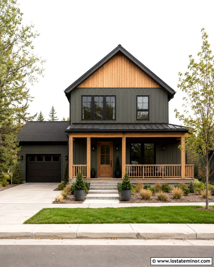 Olive Green House With Natural Oak Railings - 30 Olive Green House Design With Railings Ideas