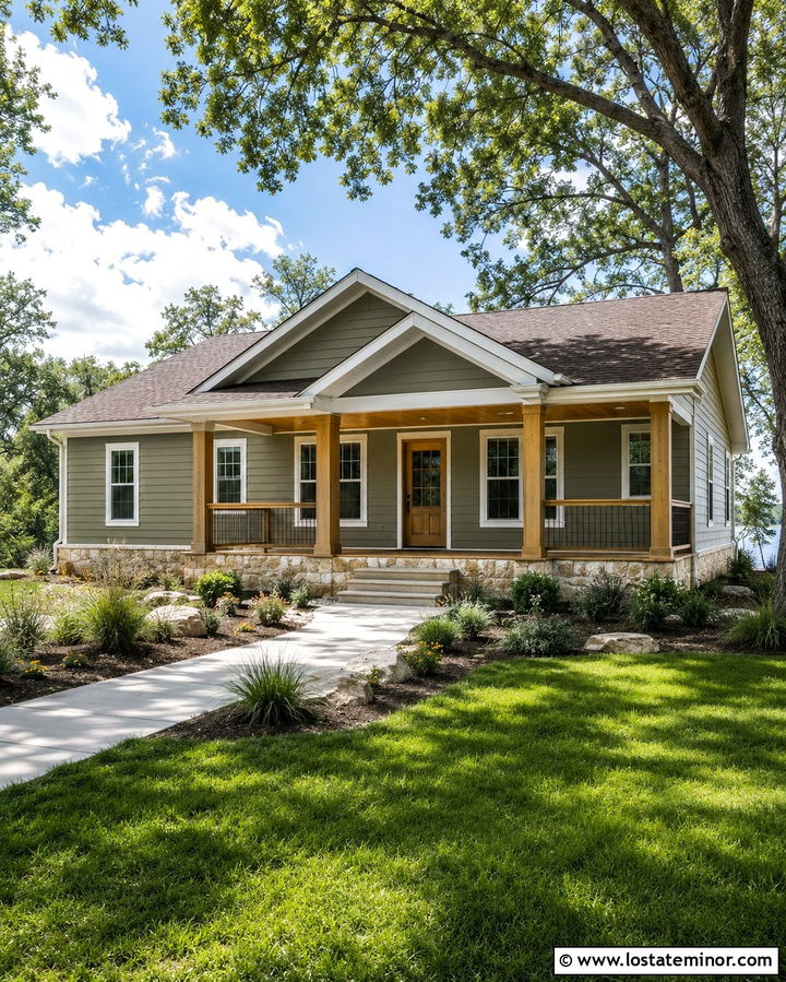 Olive Green House With Natural Pine Porch Ceiling - 30 Olive Green House Design With Porch Ceiling Ideas
