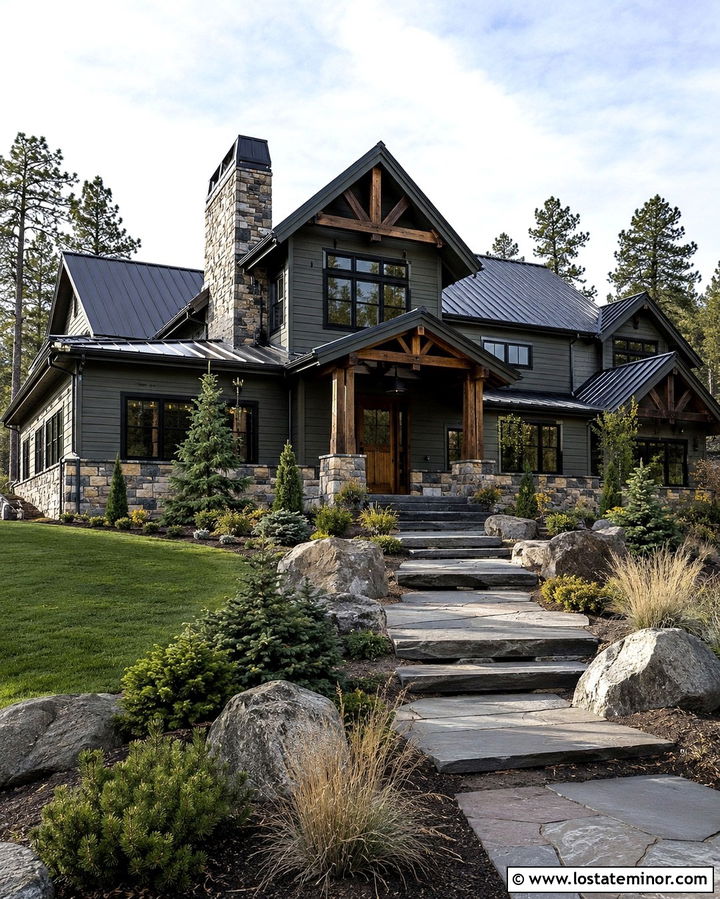 Olive Green House With Natural Stone And Conifers - 30 Olive Green House Design With Landscaping Ideas