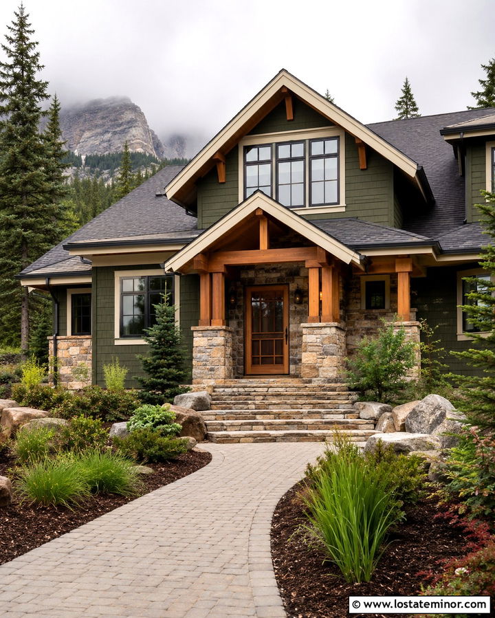Olive Green House With Natural Stone Porch - 30 Olive Green House Design With Screen Door Ideas