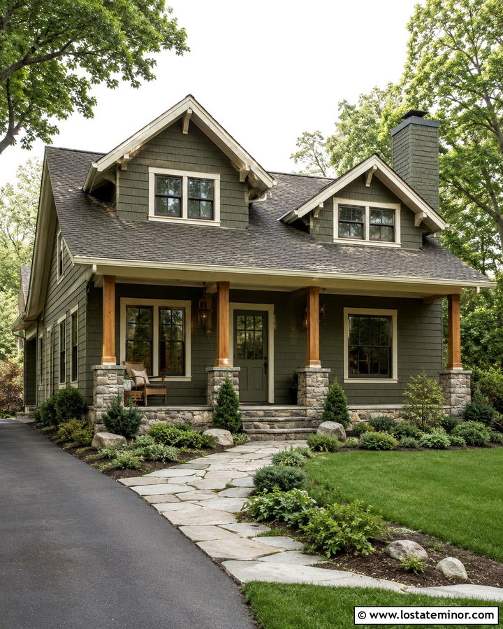 Olive Green House With Natural Stone Porch - 30 Olive Green House Design With Dutch Door Ideas