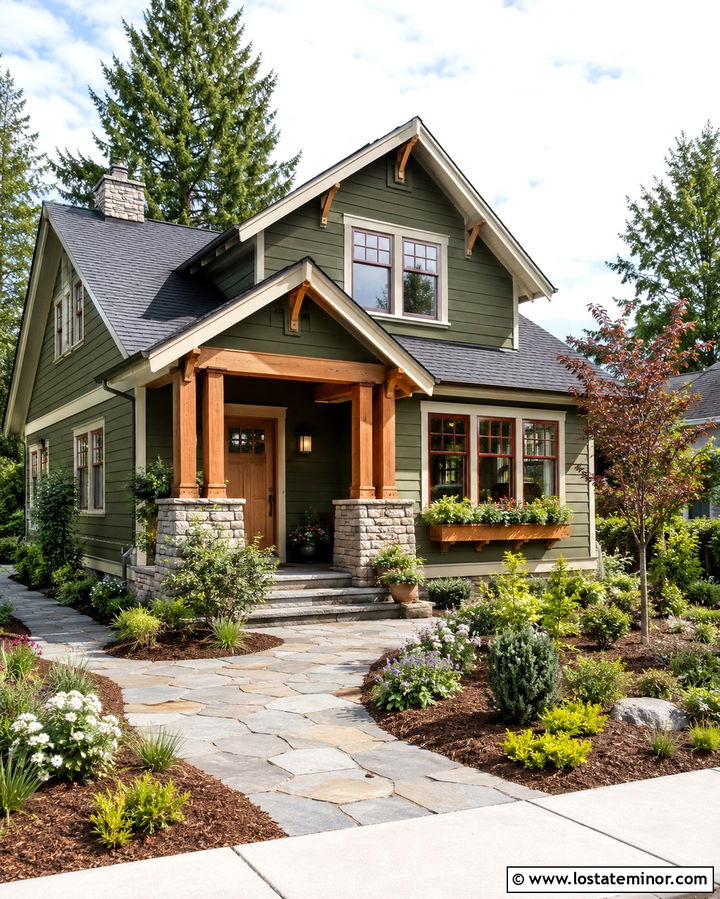 Olive Green House With Natural Wood Accents - 30 Olive Green House Design With Front Yard Ideas