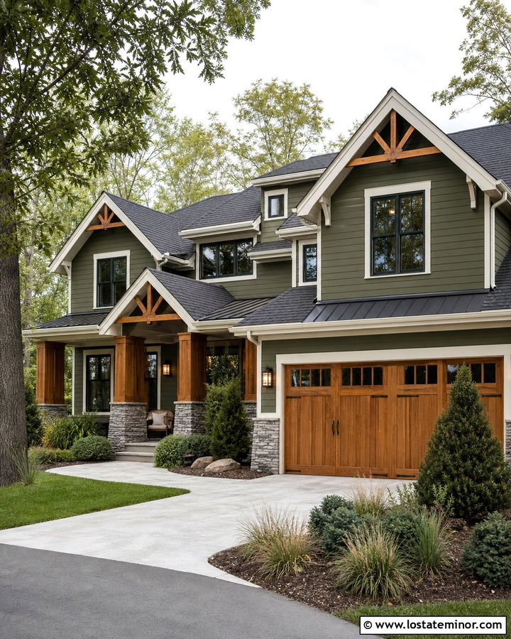 Olive Green House With Natural Wood Accents - 30 Olive Green House Design With Accents Ideas