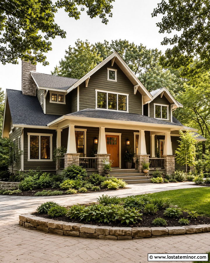 Olive Green House With Natural Wood Entry Door - 30 Olive Green House Design With Entry Door Ideas