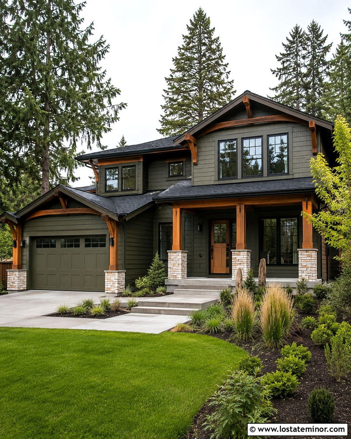 Olive Green House With Natural Wood Front Door And Storm Door - 30 Olive Green House Design With Storm Door Ideas