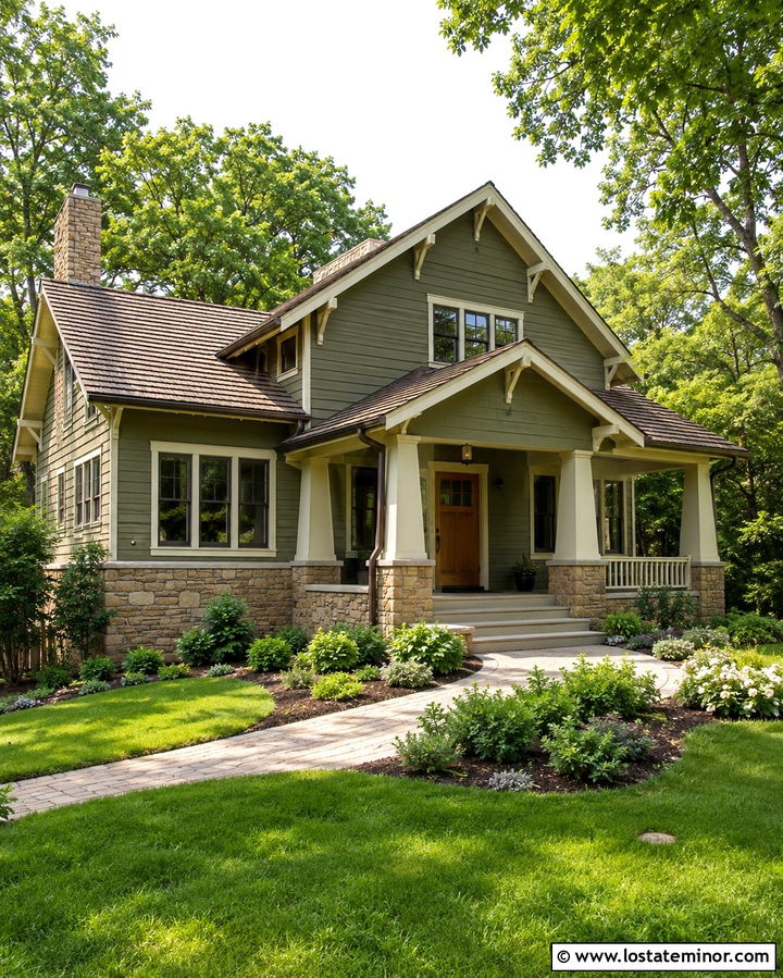 Olive Green House With Natural Wood Front Door - 30 Olive Green House Design With Front Door Ideas