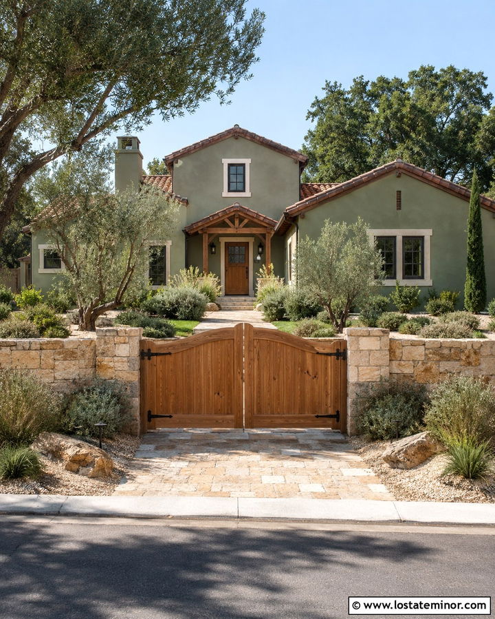 Olive Green House With Natural Wood Gate - 30 Olive Green House Design With Fence Ideas