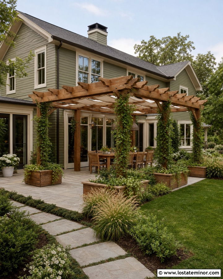 Olive Green House With Natural Wood Pergola - 30 Olive Green House Design With Backyard Ideas