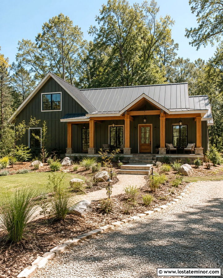 Olive Green House With Natural Wood Porch Columns - 30 Olive Green House Design With Porch Columns Ideas