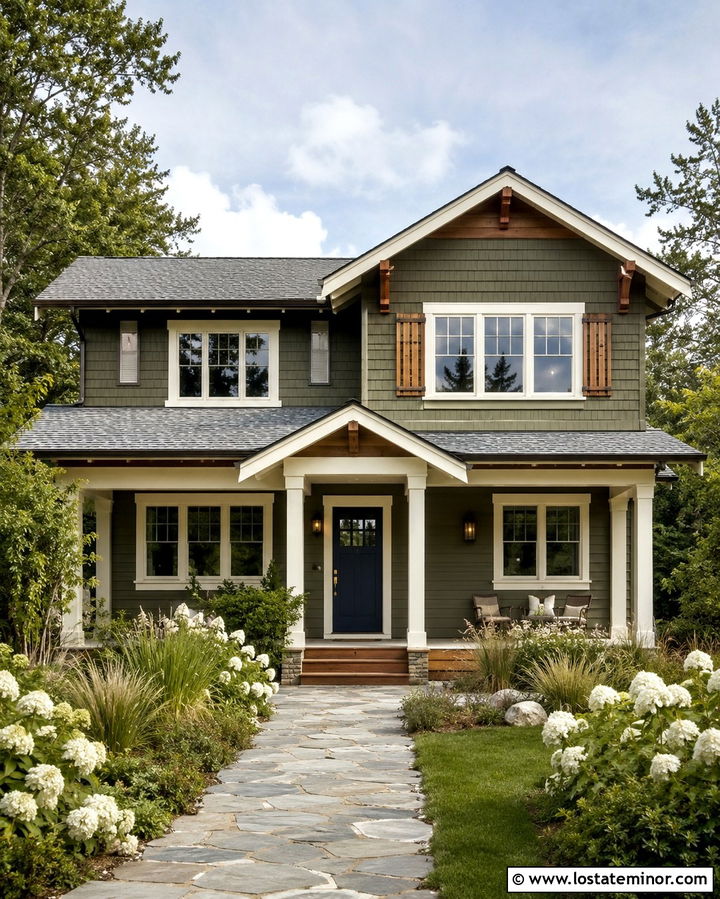 Olive Green House With Navy Blue Entry Door - 30 Olive Green House Design With Entry Door Ideas