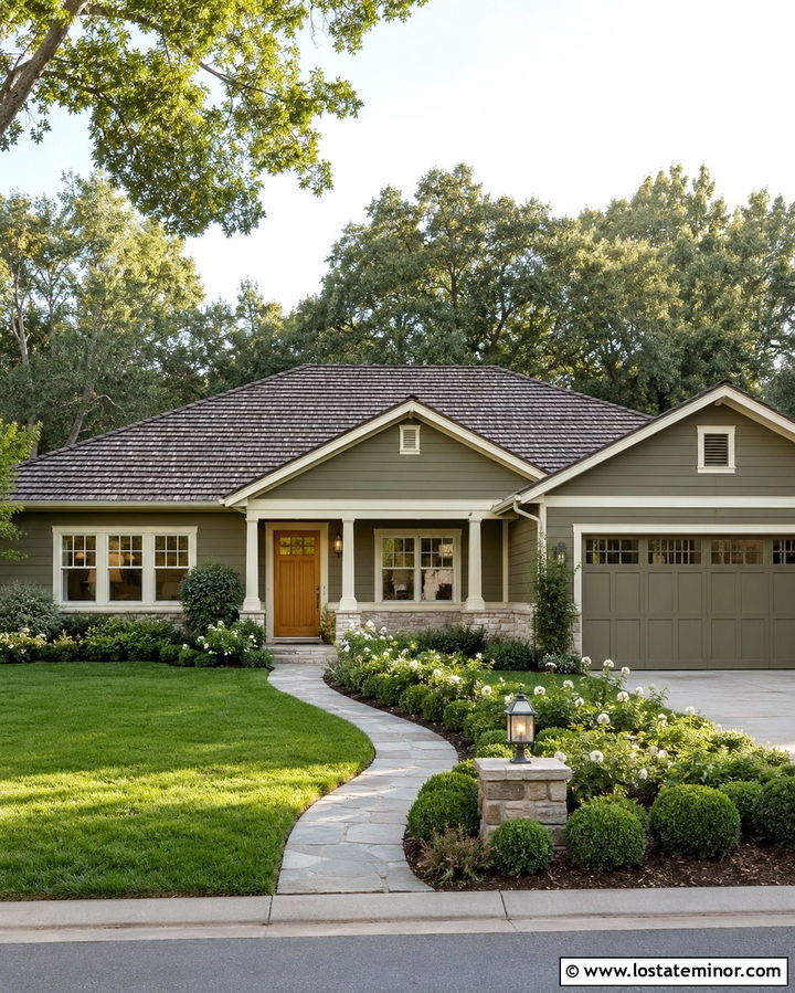 Olive Green House With Oak Front Door - 30 Olive Green House Design With Front Door Ideas