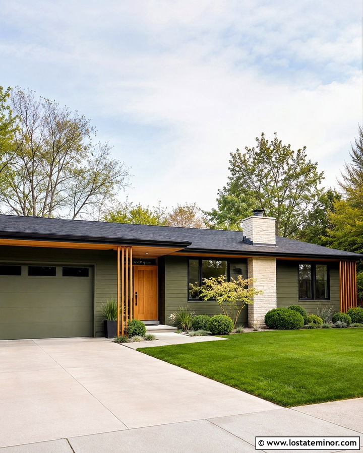 Olive Green House With Oak Wood Trim - 30 Olive Green House Design With Trim Ideas