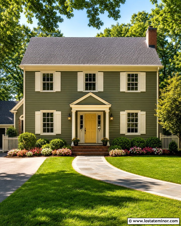 Olive Green House With Off White Shutters And Yellow Door - 30 Olive Green House Design With Shutters Ideas