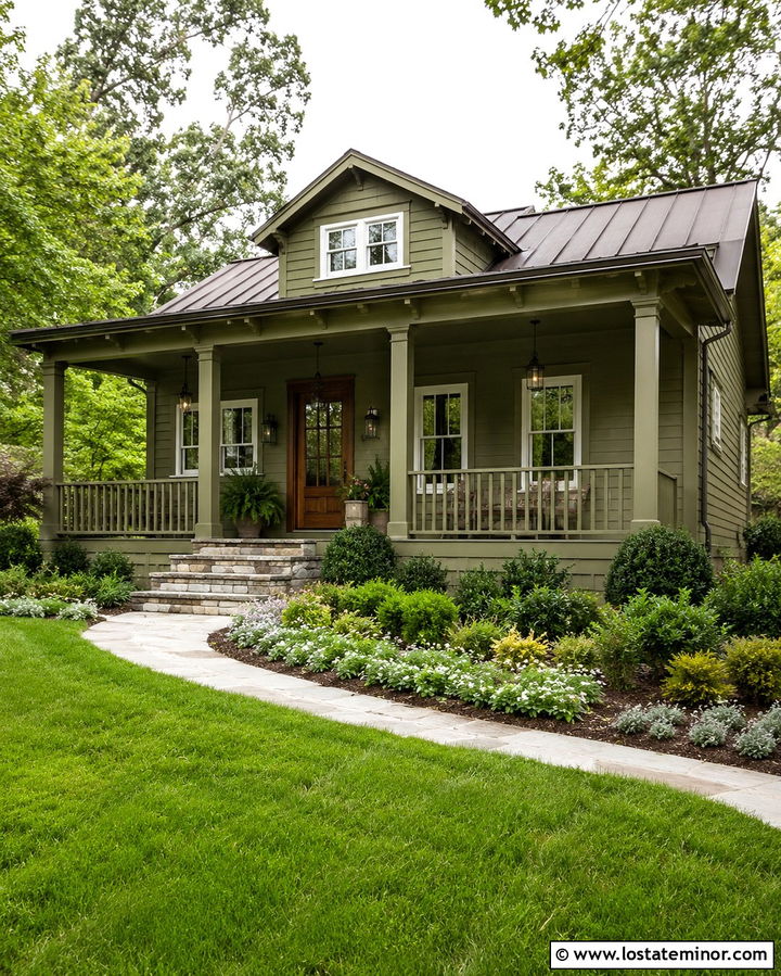Olive Green House With Olive Porch Columns - 30 Olive Green House Design With Porch Columns Ideas