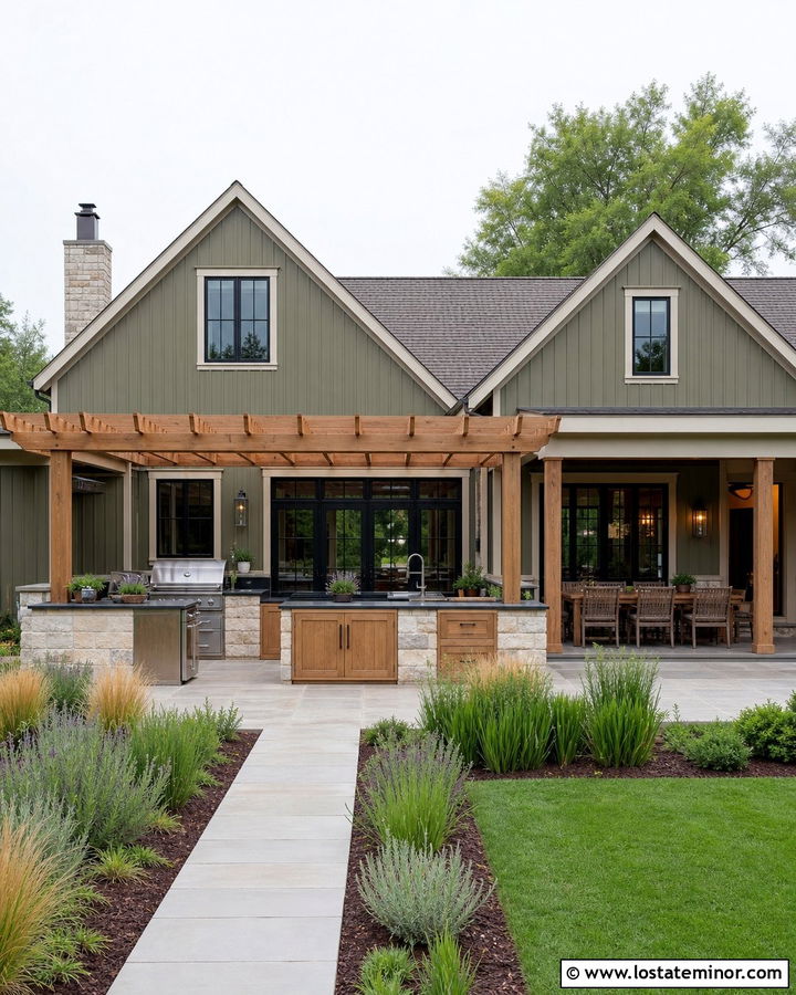 Olive Green House With Outdoor Kitchen - 30 Olive Green House Design With Backyard Ideas
