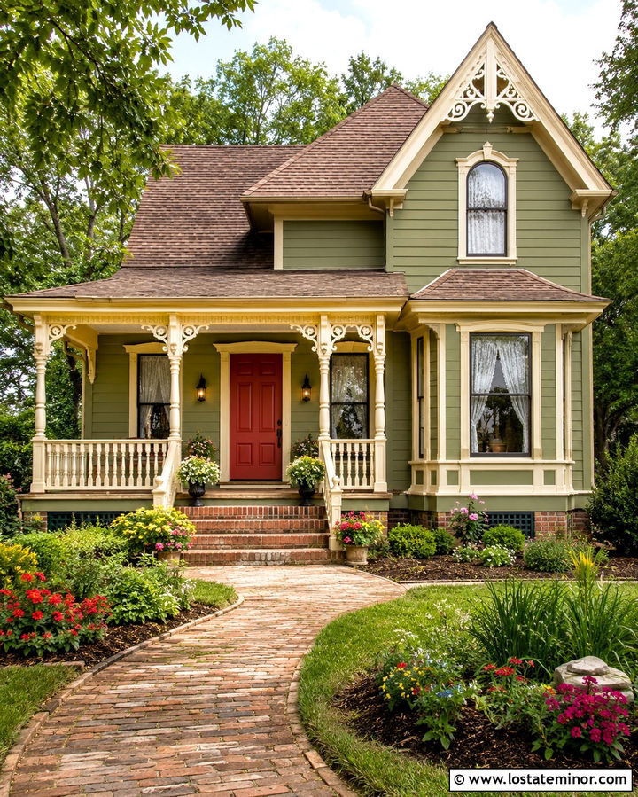Olive Green House With Pale Yellow Porch Ceiling - 30 Olive Green House Design With Porch Ceiling Ideas