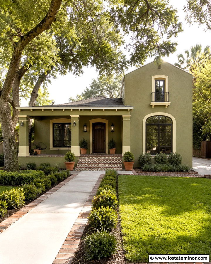 Olive Green House With Patterned Tile Porch - 30 Olive Green House Design With Front Porch Ideas