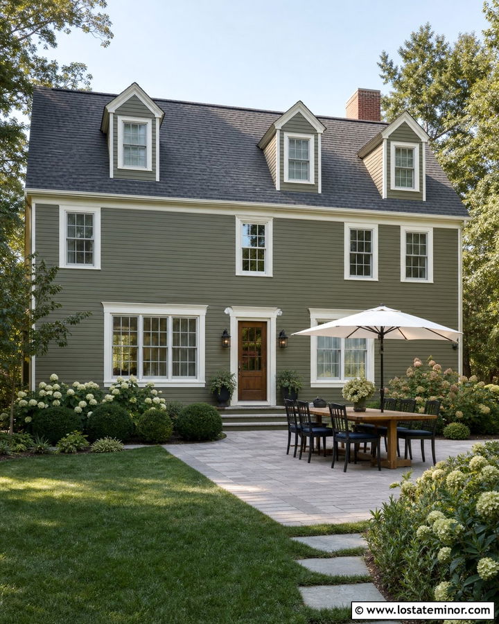 Olive Green House With Paver Dining Area - 30 Olive Green House Design With Backyard Ideas