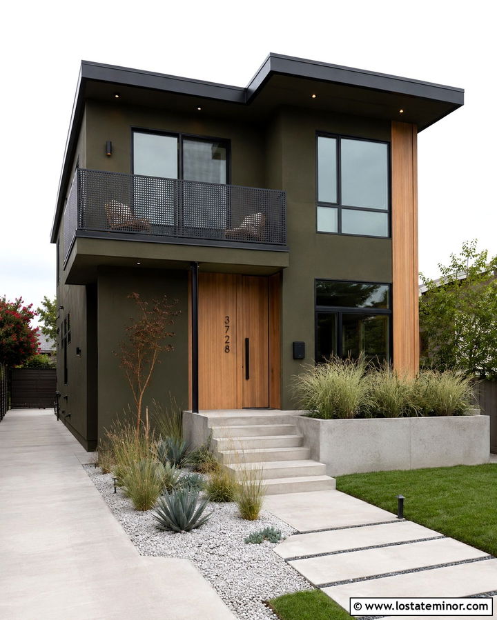 Olive Green House With Perforated Metal Railings - 30 Olive Green House Design With Railings Ideas