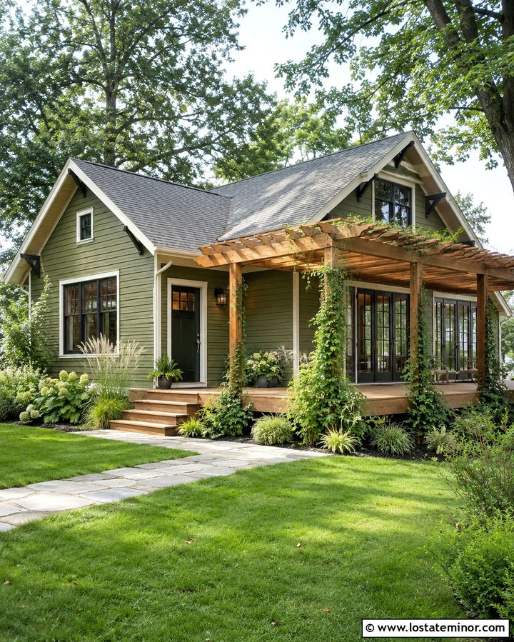 Olive Green House With Pergola Deck - 30 Olive Green House Design With Deck Ideas