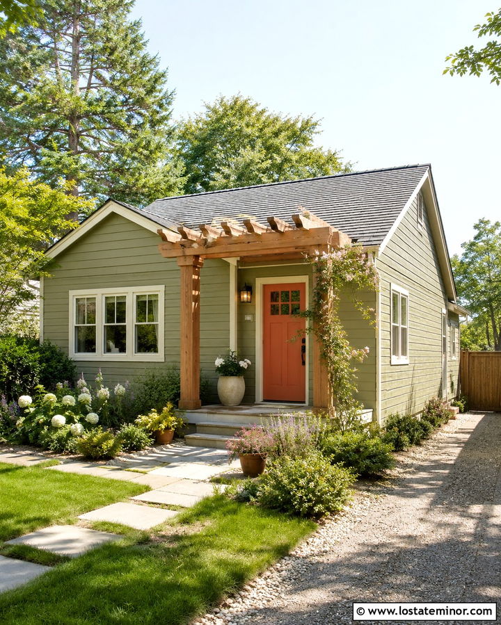 Olive Green House With Pergola Portico - 30 Olive Green House Design With Portico Ideas