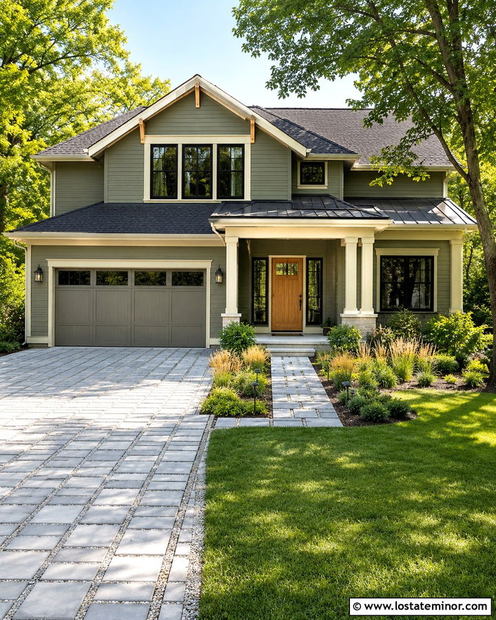 Olive Green House With Permeable Driveway - 30 Olive Green House Design With Driveway Ideas