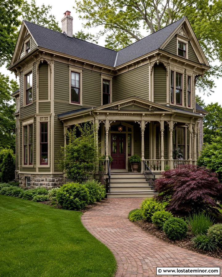 Olive Green House With Plum Entry Door - 30 Olive Green House Design With Entry Door Ideas