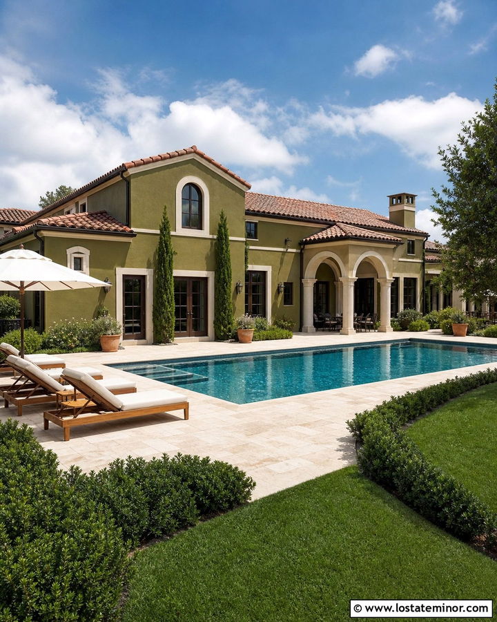 Olive Green House With Pool And Limestone Deck - 30 Olive Green House Design With Backyard Ideas