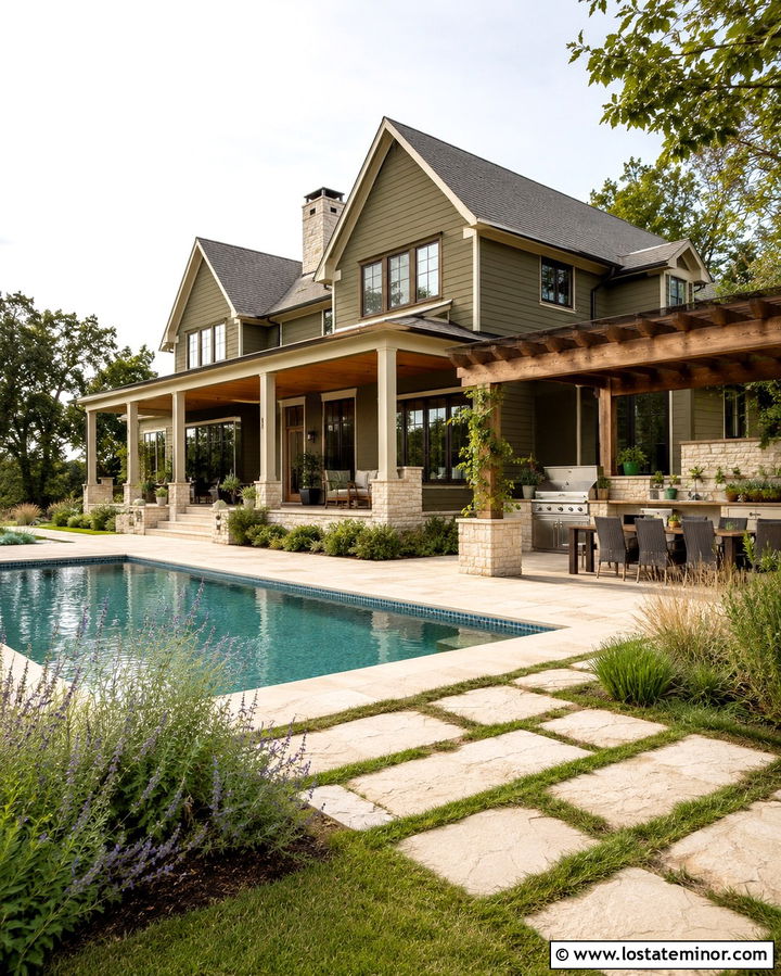 Olive Green House With Pool And Outdoor Kitchen - 30 Olive Green House Design With Swimming Pool Ideas