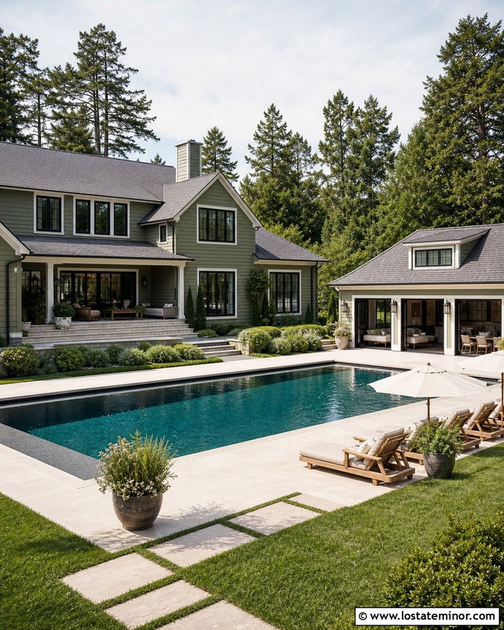Olive Green House With Pool House - 30 Olive Green House Design With Backyard Ideas