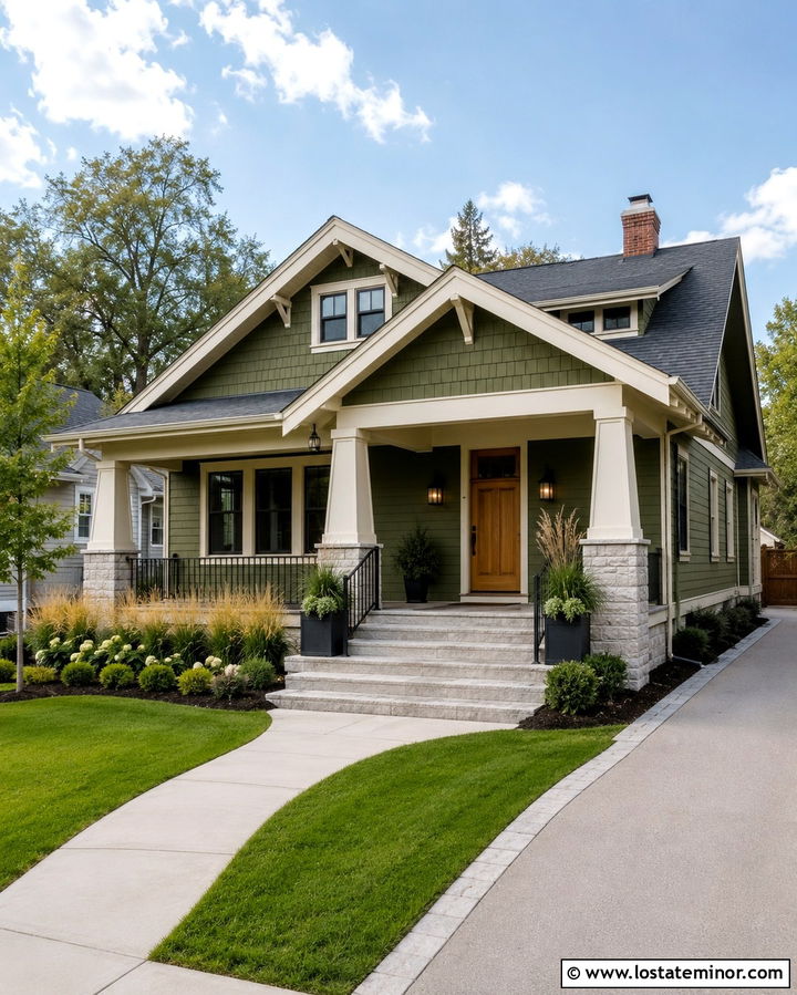 Olive Green House With Porch Landing Steps - 30 Olive Green House Design With Steps Ideas