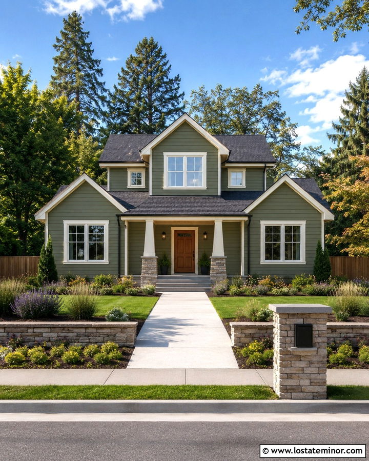 Olive Green House With Raised Front Garden Beds - 30 Olive Green House Design With Front Yard Ideas