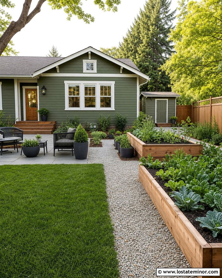 Olive Green House With Raised Garden Beds - 30 Olive Green House Design With Backyard Ideas