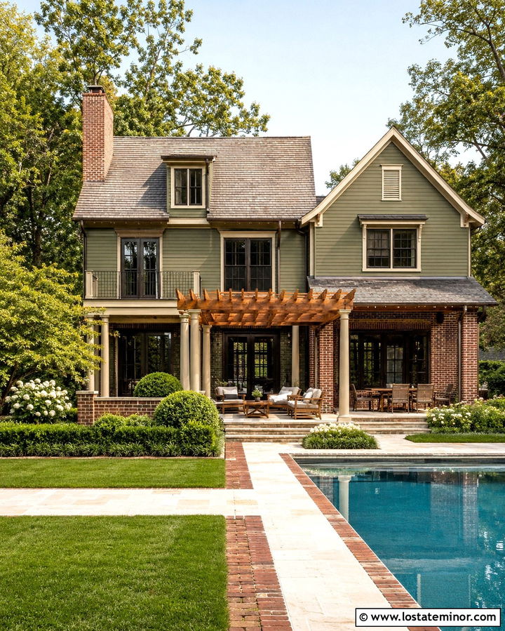 Olive Green House With Red Brick Accents - 30 Olive Green House Design With Swimming Pool Ideas